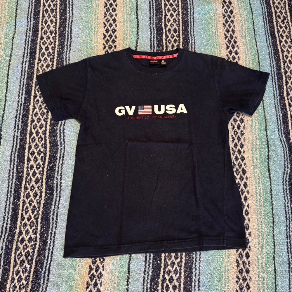 Y2K Gloria Vanderbilt GV USA Graphic T-Shirt Navy Blue Cotton Women PM Petite M